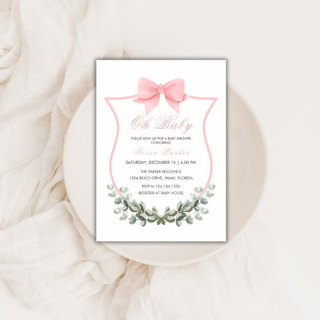 Invitación Chica de Escudo de Eucaliptus Bow Simple Rosa Baby (Pink Simple Bow Eucalyptus Crest Girl Baby Shower Invitation)