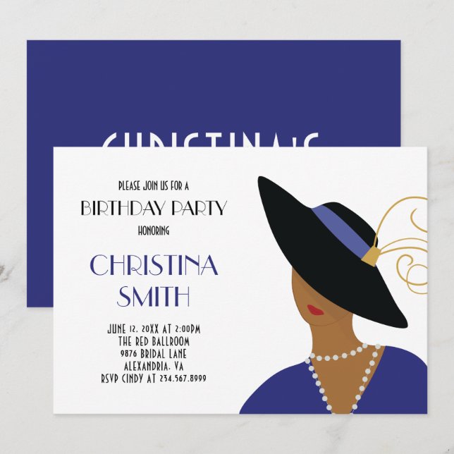 Invitación Chica de estilo Art Decó en fiesta de cumpleaños d (Anverso / Reverso)