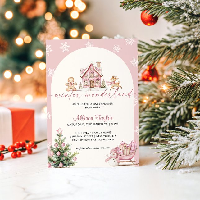 Invitación Chica de fiesta de bebé de invierno mágico rosa (Subido por el creador)