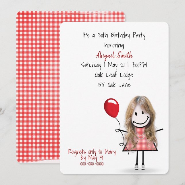 Invitación Chica de fiesta de cumpleaños 30 con globo rojo (Anverso / Reverso)