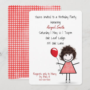 Invitación Chica de fiesta de cumpleaños con globo rojo