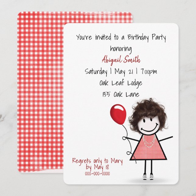 Invitación Chica de fiesta de cumpleaños con globo rojo (Anverso / Reverso)