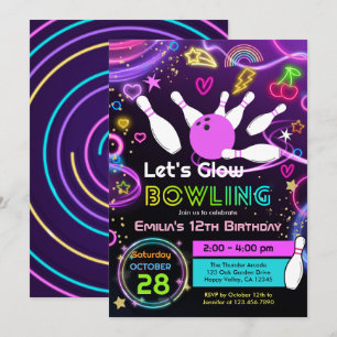 Invitación Chica de fiesta de cumpleaños de Glow Bowling Neon