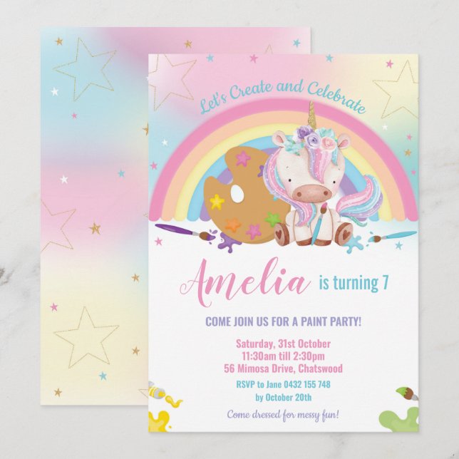 Invitación Chica de fiesta de cumpleaños de pinta de arcoiris (Anverso / Reverso)