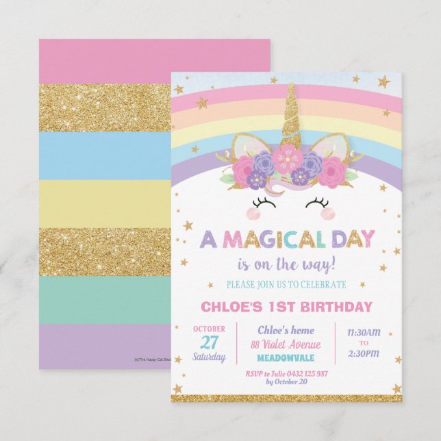 Invitación Chica de fiesta de cumpleaños de Rainbow Unicorn (Anverso / Reverso)