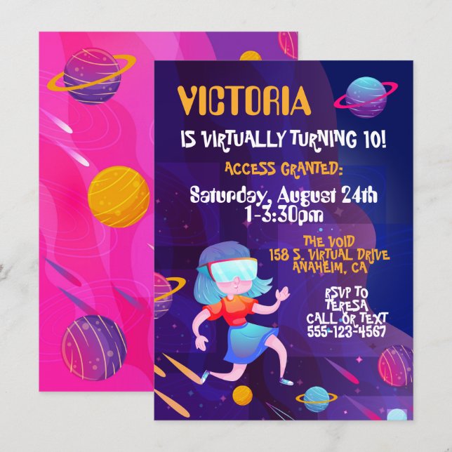 Invitación Chica de fiesta de cumpleaños de realidad virtual (Anverso / Reverso)
