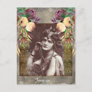 Invitación Chica de Fiesta de época sobre la postal de tapice