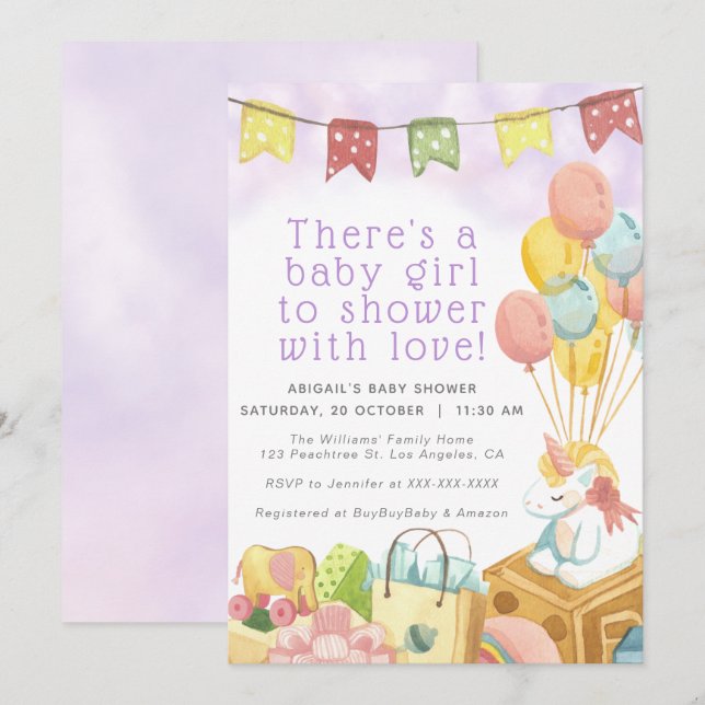 Invitación Chica de Fiesta de globo rosa/violeta de unicornio (Anverso / Reverso)