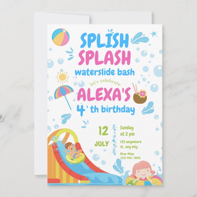 Invitación Chica de Fiesta de piscina inflable azul y rosa (Anverso)