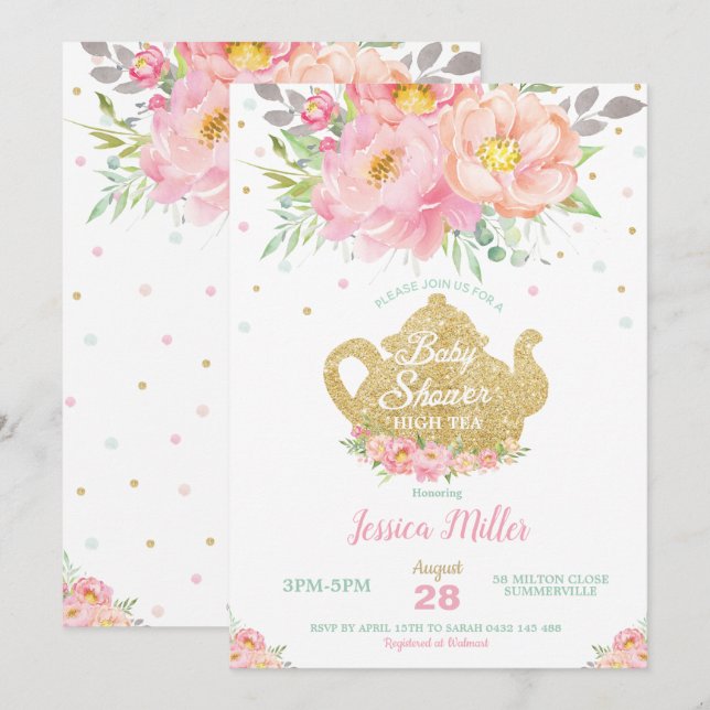 Invitación Chica de Fiesta de té de Baby Shower con tinta flo (Anverso / Reverso)
