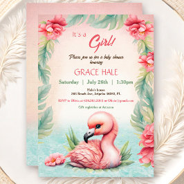Invitación Chica de flamenco rosado de verano tropical Baby S