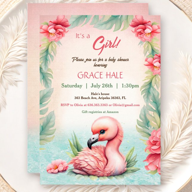 Invitación Chica de flamenco rosado de verano tropical Baby S (Tropical Summer Pink Flamingo Girl Baby Shower Invitation)