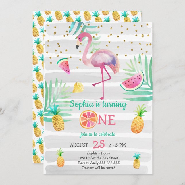 Invitación Chica de flamenco rosado Primer cumpleaños verano  (Anverso / Reverso)