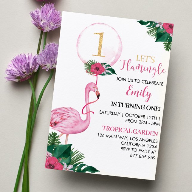 Invitación Chica de Flamingo Tropical Primer Fiesta de Cumple (Subido por el creador)