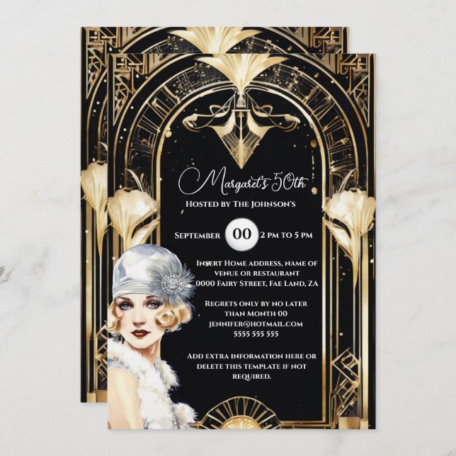 Invitación chica de flapper de los años 20 con moda Art Deco  (Anverso / Reverso)