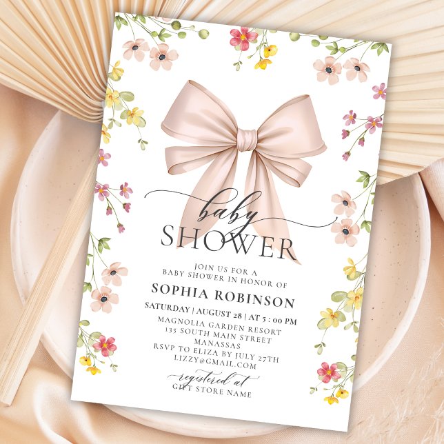 Invitación Chica de Flor Silvestre Cute Moderno Bow Rosa Baby (Subido por el creador)