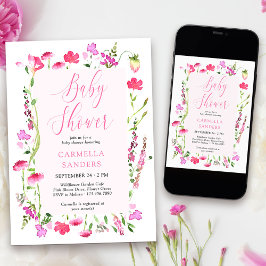 Invitación Chica De Flor Silvestre Rosa Baby Shower Dainty Fl
