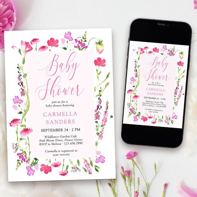 Invitación Chica De Flor Silvestre Rosa Baby Shower Dainty Fl (Girl Baby Shower Invitation from my Pink Wildflower Collection)