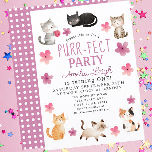 Invitación Chica de Floral de gatos cúbicos puros 1 cumpleaño