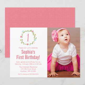 Invitación Chica de Floral Wreath Photo 1er cumpleaños