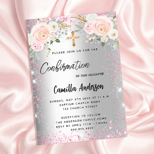 Invitación Chica  de florales rosa plateado de confirmación