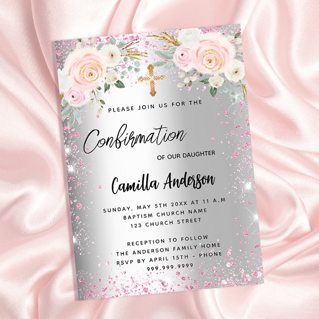 Invitación Chica  de florales rosa plateado de confirmación (Subido por el creador)