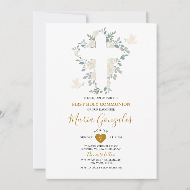 Invitación Chica de Flores Blancas Cruzadas Primera Comunión  (Anverso)