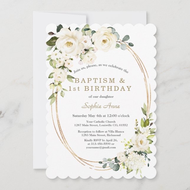 Invitación Chica de Flores Blancas Delicadas Bautismo de cump (Anverso)