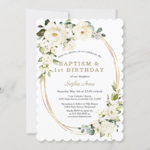 Invitación Chica de Flores Blancas Delicadas Bautismo de cump