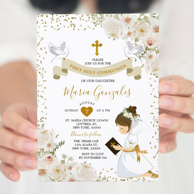Invitación Chica de Flores Blancas Oro Primera Comunión Santa (Subido por el creador)