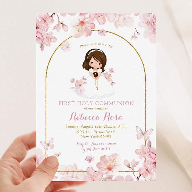 Invitación Chica de flores de cerezo rosa primera comunión sa (Subido por el creador)