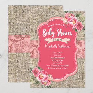 Invitación Chica de Flores de color de agua rosa Burlap Baby 