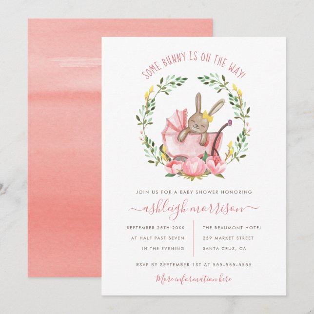 Invitación Chica de Flores de Conejo y Acuarela Cute Baby Sho (Anverso / Reverso)