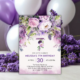 Invitación Chica de flores de jardín morado y rosa 7 cumpleañ