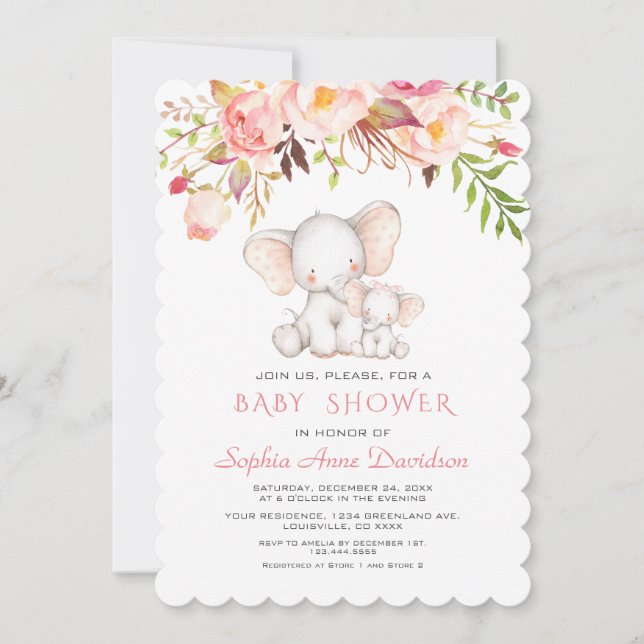 Invitación Chica de Flores Rosa de Elefante Cute Baby Shower (Anverso)