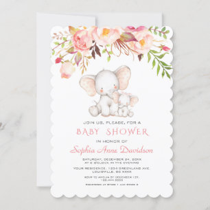 Invitación Chica de Flores Rosa de Elefante Cute Baby Shower