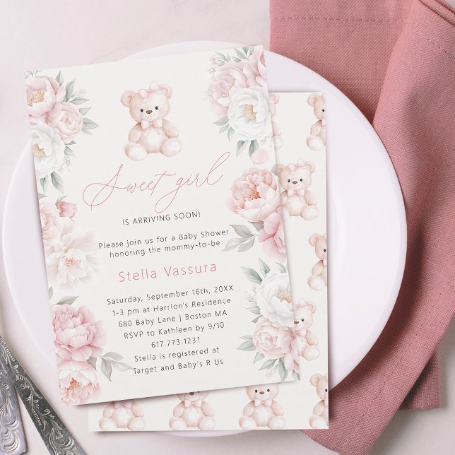 Invitación Chica de Flores Rosa de Oso de Teddy Bear Baby Sho (Teddy Bear Pink Flowers Girl Baby Shower Invitation)