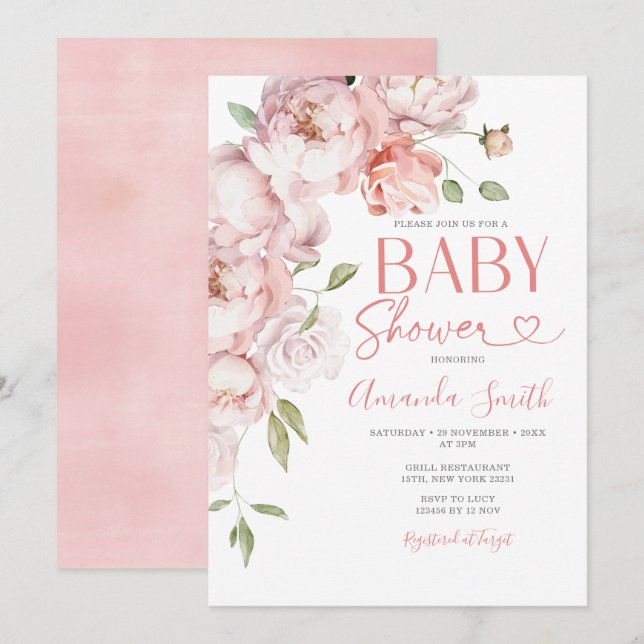 Invitación Chica de flores rosadas de Rubor Baby Shower Green (Anverso / Reverso)