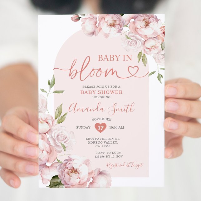Invitación Chica de flores rosas Baby Shower bebé en flor (Subido por el creador)