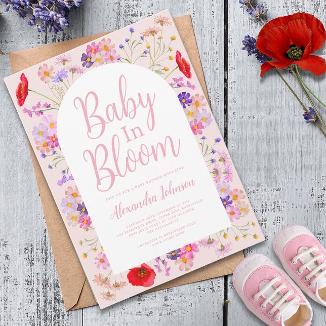 Invitación Chica de flores silvestres Baby Shower (Boho chic wildflower girl baby shower invitation )