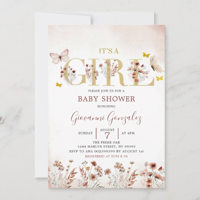Invitación Chica de flores silvestres Boho Butterfly Baby Sho (Anverso)