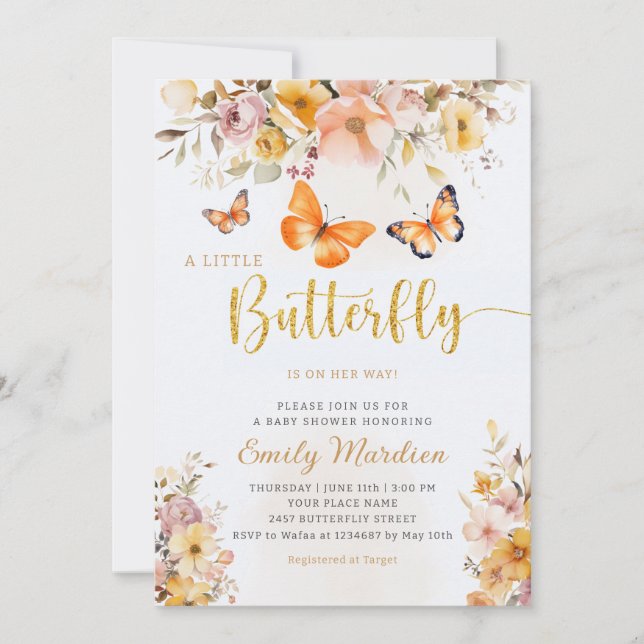 Invitación Chica de flores silvestres Boho Cute Butterfly Bab (Anverso)