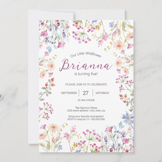 Invitación Chica de flores silvestres cumpleaños acuarela (Anverso)