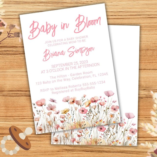 Invitación Chica de flores silvestres rosadas Baby Shower (Subido por el creador)