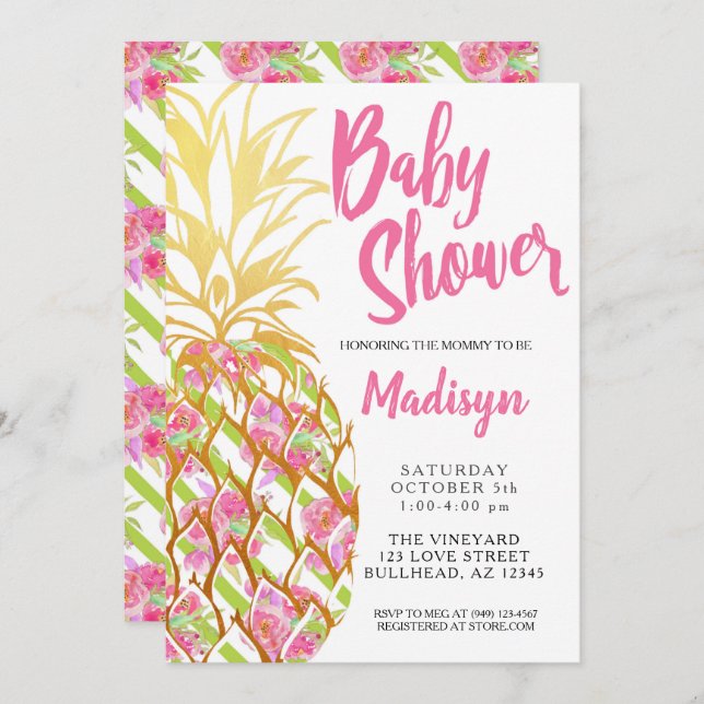 Invitación Chica de Flores Tropicales Rosa de Piña Baby Showe (Anverso / Reverso)