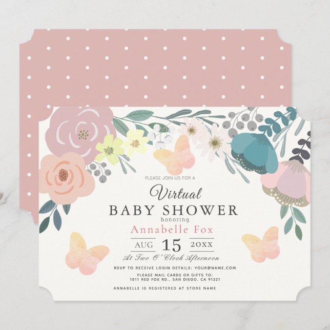 Invitación Chica de Flores y Mariposas Rosa Baby Shower virtu (Anverso / Reverso)