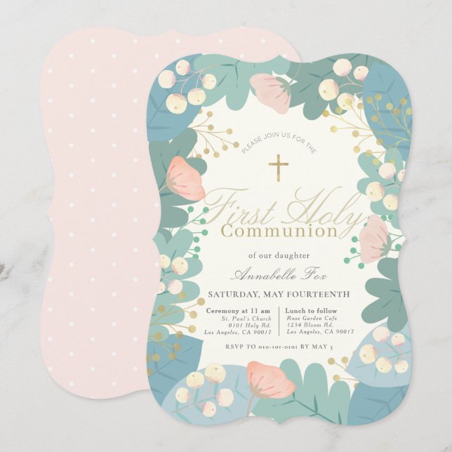 Invitación Chica de Foliages Florales Rosados Primera Comunió (Anverso / Reverso)
