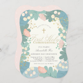 Invitación Chica de Foliages Florales Rosados Primera Comunió