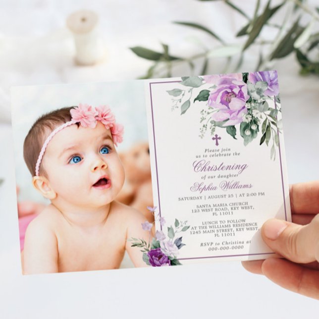 Invitación Chica de foto de Eucalyptus Violet Flowers Christe (Subido por el creador)