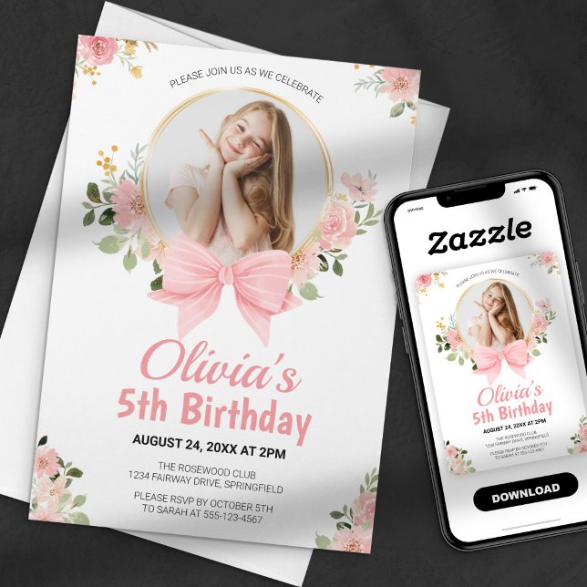 Invitación Chica de foto de Floral Rosa Bow Cumpleaños (Subido por el creador)